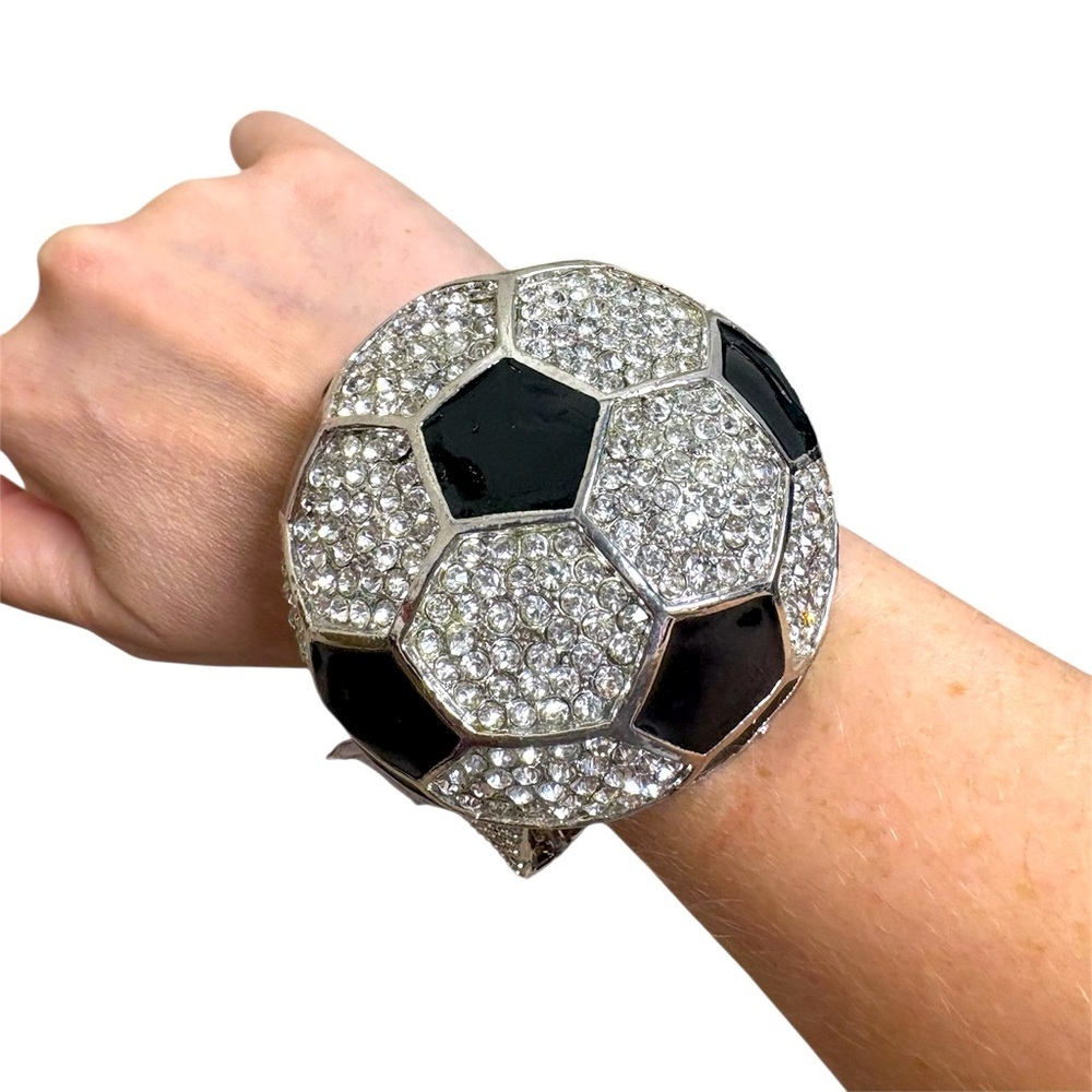 NEW soccer ball stretch bracelet silver black bling size 8 expandable elastic